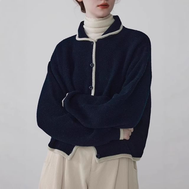 Peter Pan Collar Contrast Trim Button-Up Cardigan