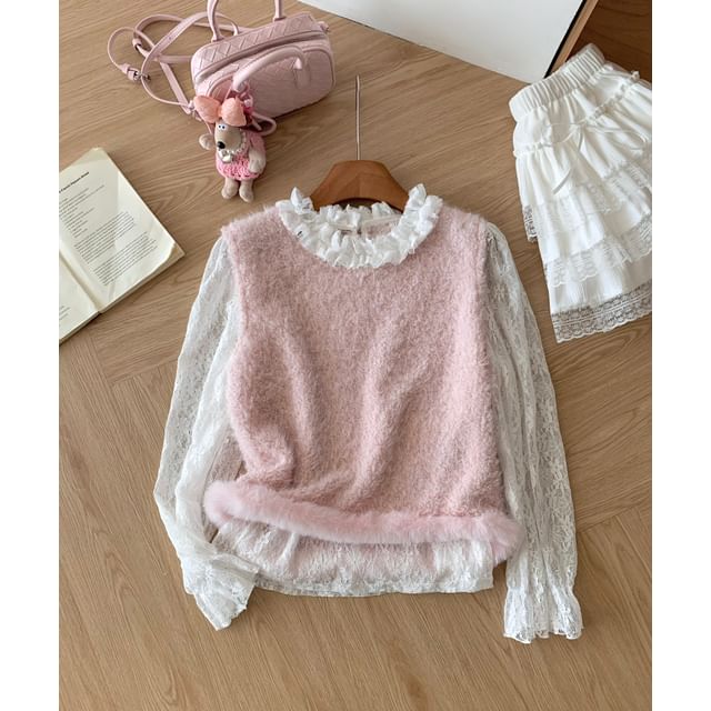 Lace Top and Fluffy Vest Set with Round Neck
