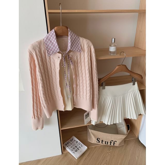 Round Neck Mock Two Piece Cable Knit Cardigan