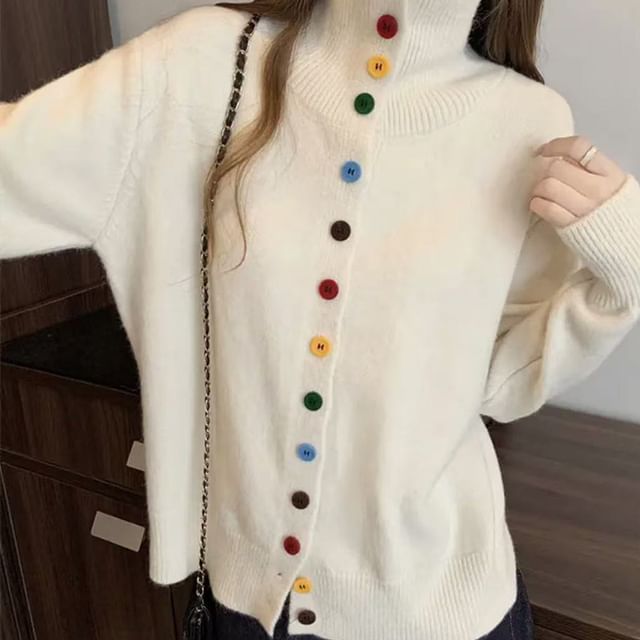 Stand Collar Button-Up Plain Cardigan