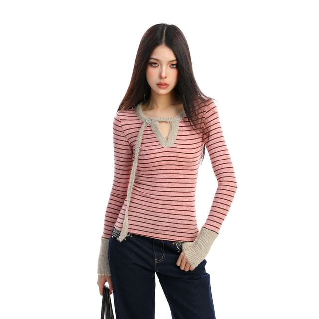 Cutout Striped Long-Sleeve Knit Top