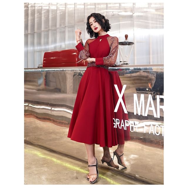 Puff-Sleeve Sequined Mesh Panel Keyhole A-Line Evening Gown