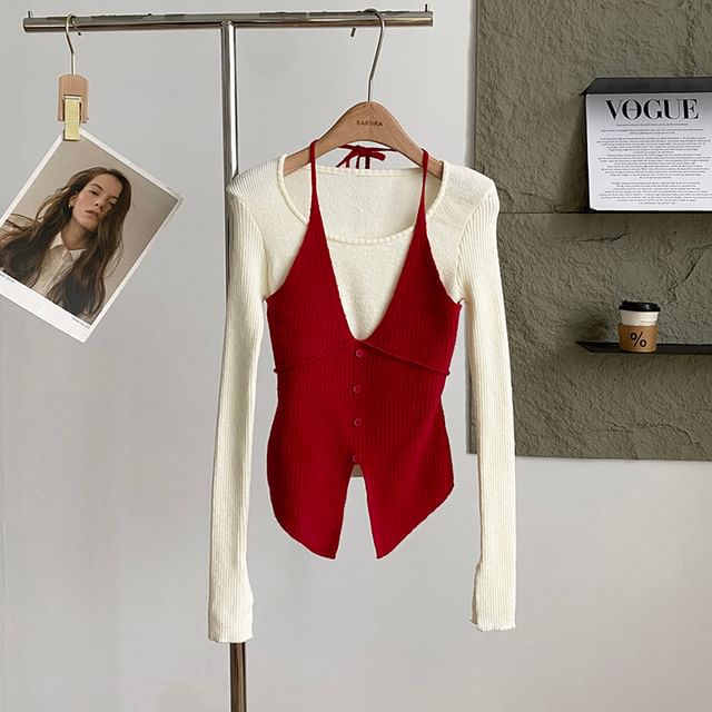 Mock Two-Piece Knit Top with Long Sleeves