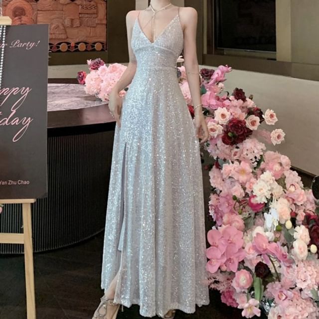 Spaghetti Strap Sequin A-Line Evening Gown