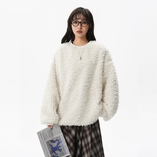 Fluffy Crewneck Solid Sweater
