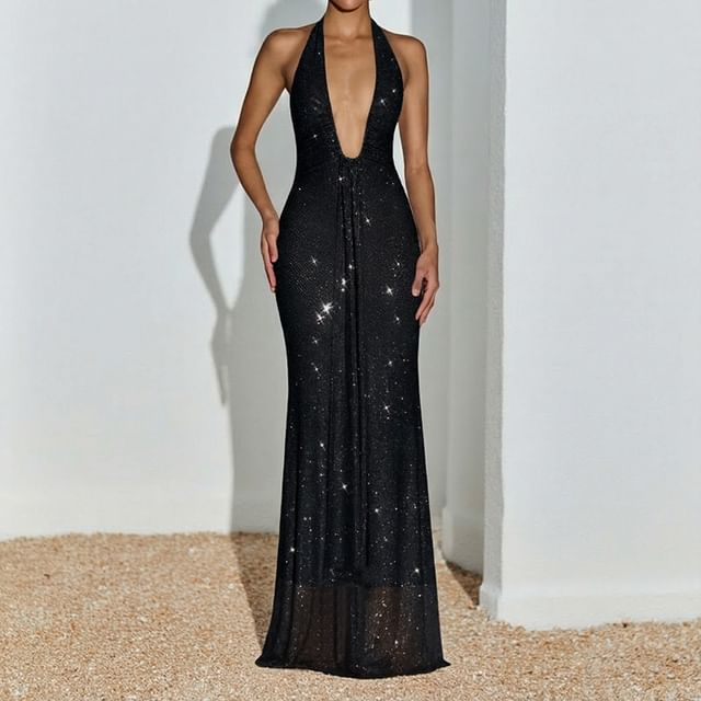Halter Deep Plunge Plain Glitter Trumpet Evening Gown