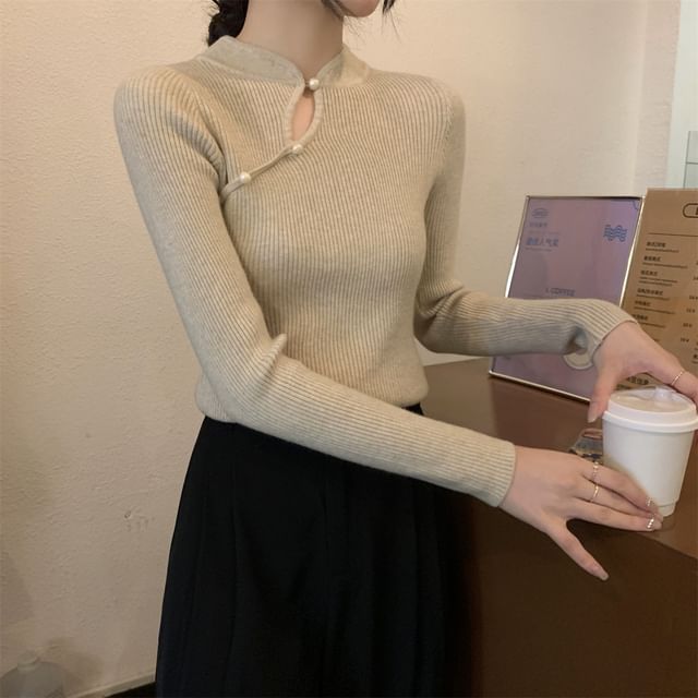 Stand Collar Keyhole Pearl Ribbed Knit Top