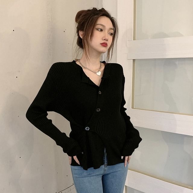 Asymmetrical Button-Front Long-Sleeve Knit Top