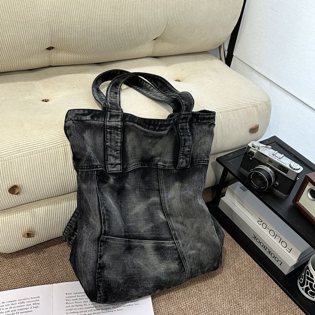 Washed Panel Denim Backpack Tote