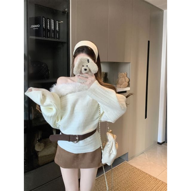 Off-Shoulder Fluffy Trim Sweater with Belt Set
