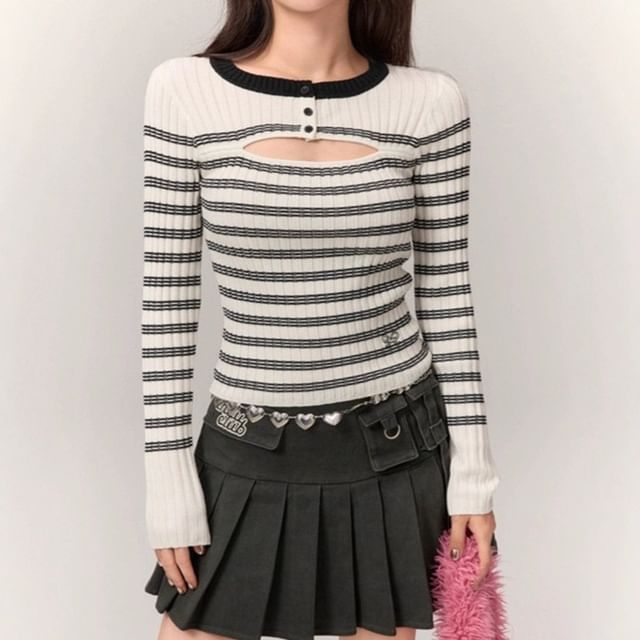 Cutout Striped Long Sleeve Knit Top