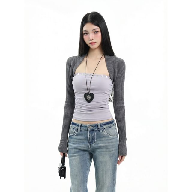 Ruched Square Neck Crop Tee with Two-Tone Faux Layer