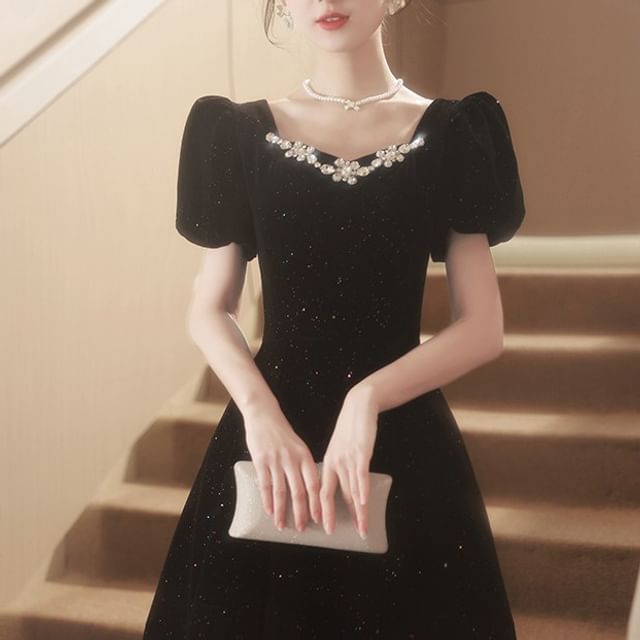 V-Neck Plain Rhinestone Glitter Velvet A-Line Evening Dress (Various Designs)