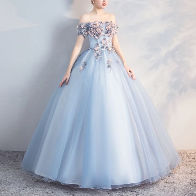 Off-Shoulder Floral A-Line Mesh Evening Gown