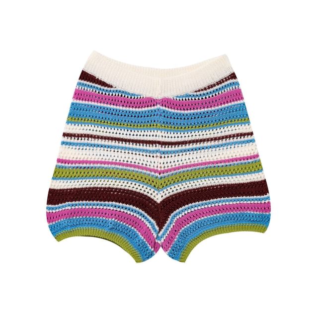 Striped Collared Short-Sleeve Knit Top with Knit Shorts