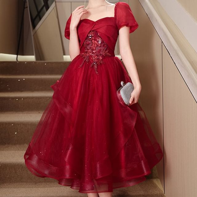 Puff-Sleeve Floral Embroidered Sequin Midi A-Line Cocktail Dress / Evening Gown