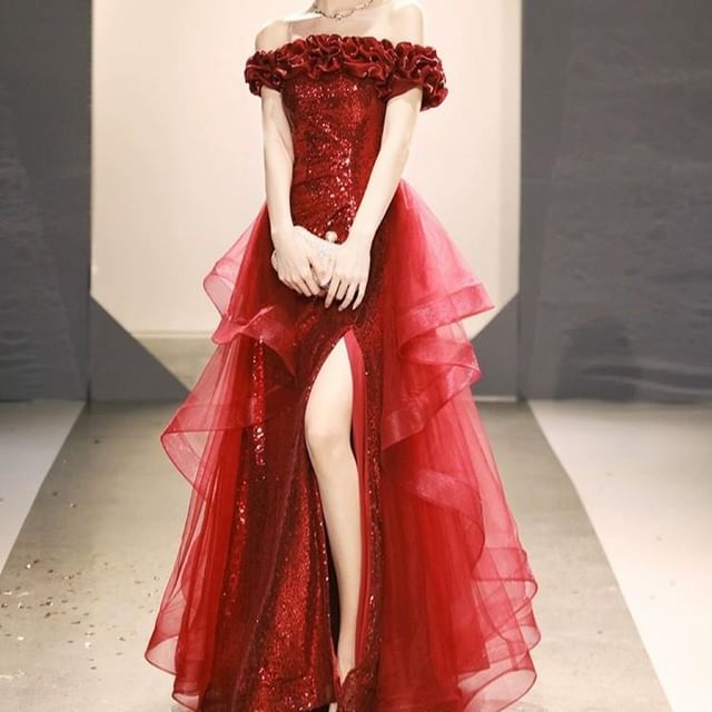 Off-Shoulder Sequin Slit A-Line Evening Gown