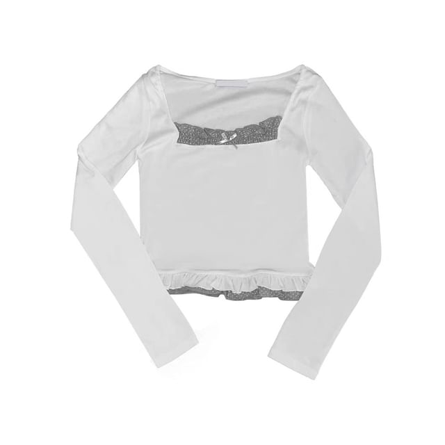 Micro Dot Frill Trim Square Neck Crop Tee