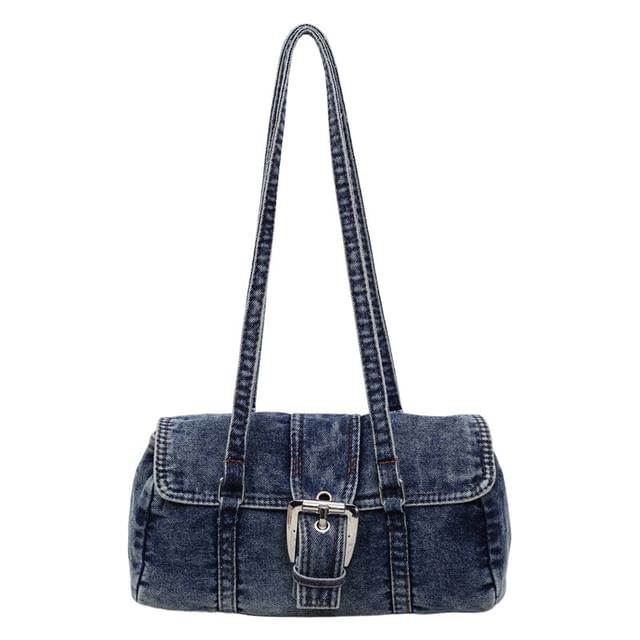 Washed Flap Buckled Denim Shoulder Bag
