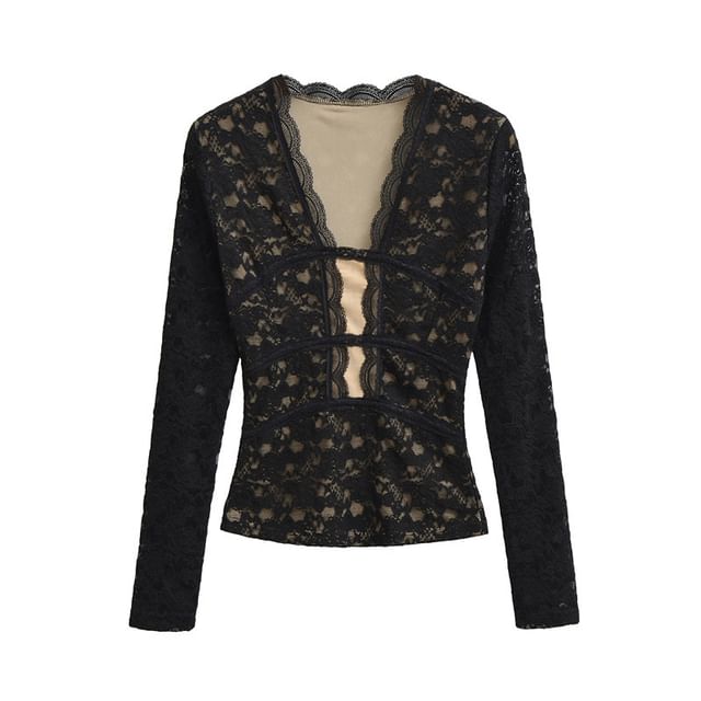 V Neck Lace Slim Fit Long Sleeve Top