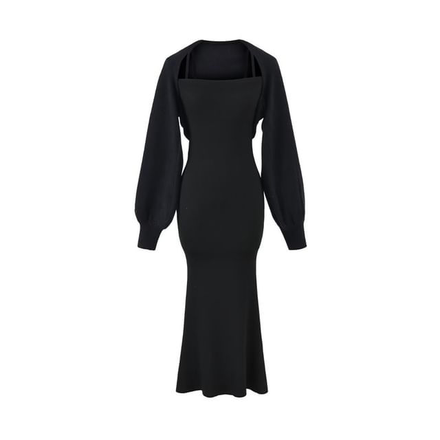 Plain Open Front Crop Cardigan / Spaghetti Strap Midi Mermaid Dress / Set