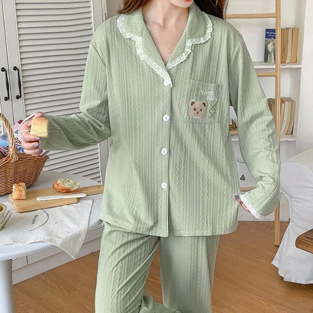 Lace Trim Button Up Pajama Set Top and Pants