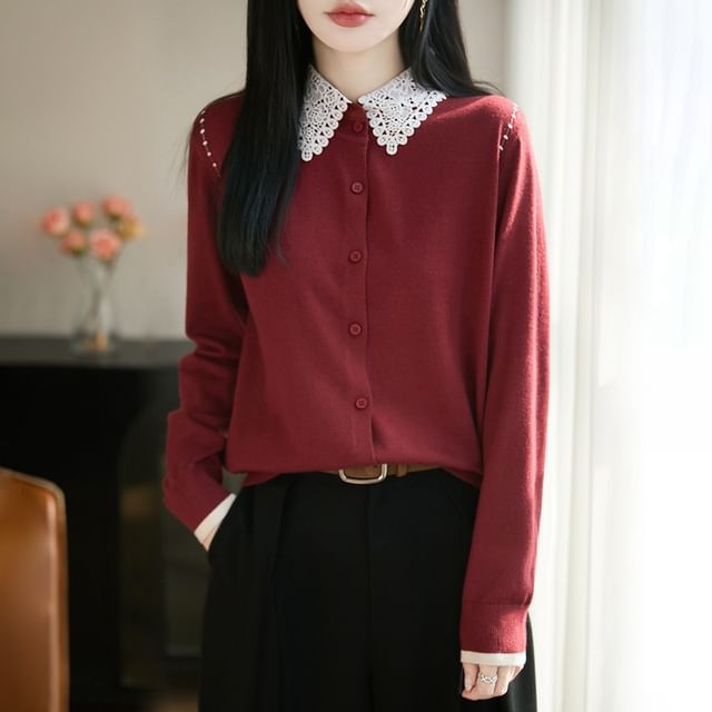 Lace Collar Plain Cardigan