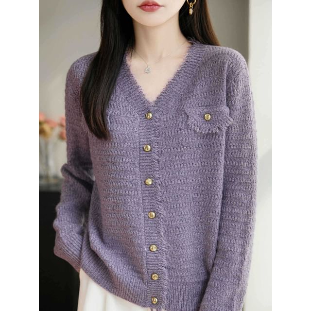 V-Neck Frayed Plain Cardigan