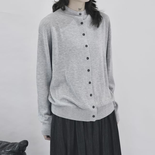 Stand Collar Button-Up Plain Cardigan