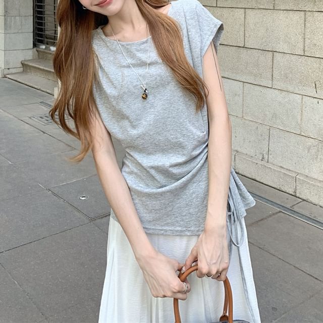 Round Neck Slit Top with Drawstring - French Sleeve