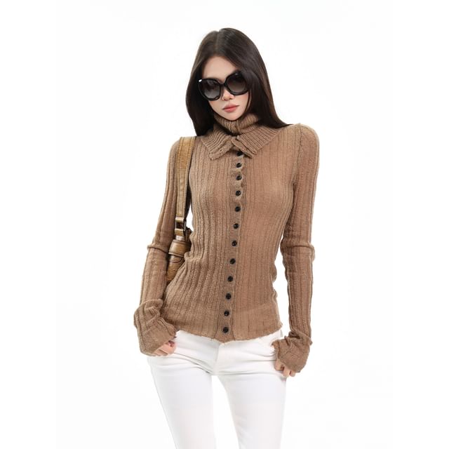 Collared Plain Ribbed Cardigan