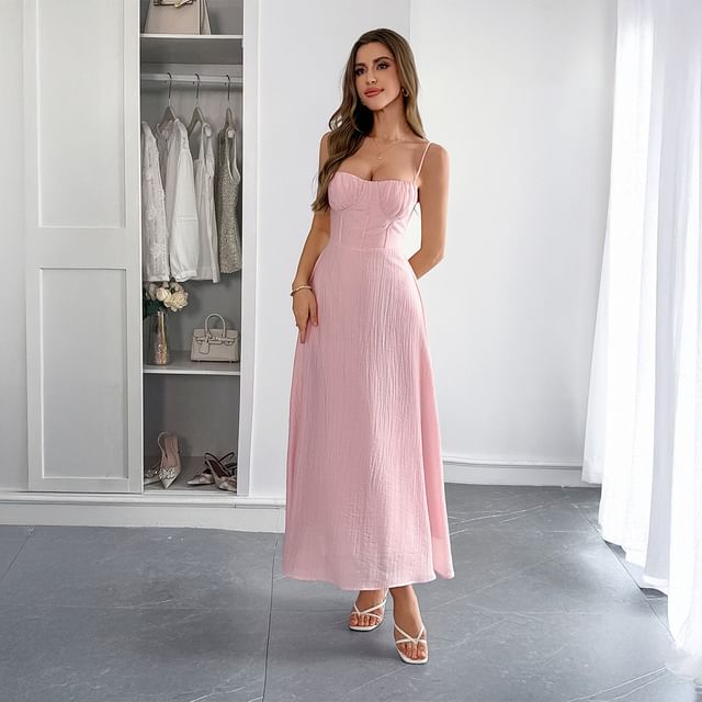 Spaghetti Strap Plain Slim-Fit Maxi A-Line Dress