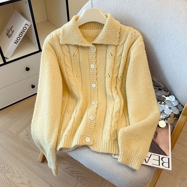 Collared Button-Up Plain Cable Knit Cardigan