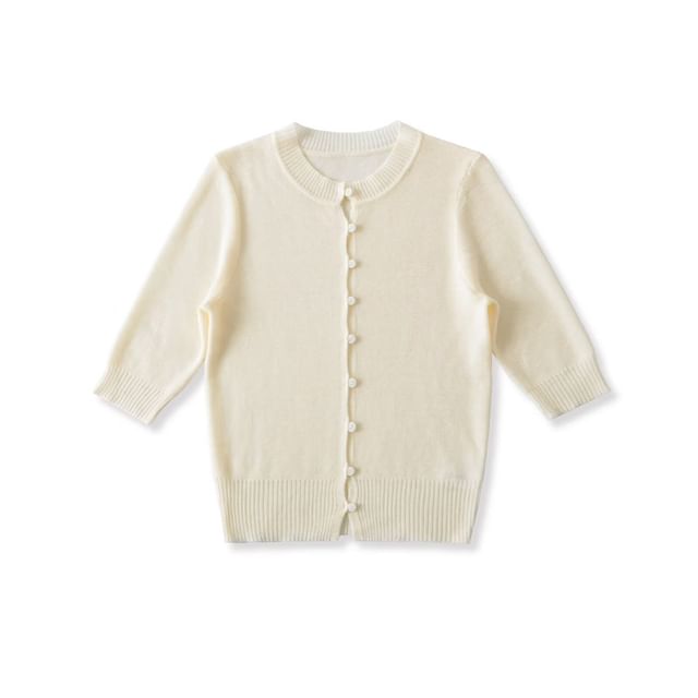 Elbow-Sleeve Crew Neck Button-Up Plain Crop Cardigan