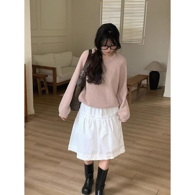 Black Midi A-Line Skirt with Ruffled Waistband
