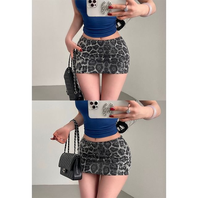 Leopard Sequin Mini Pencil Skirt - Altfashion Shop