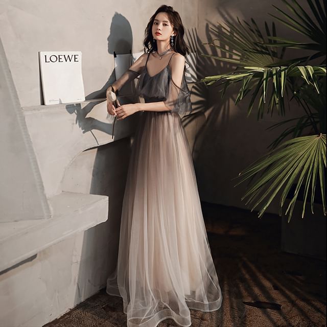 Spaghetti Strap V-Neck Open Back Mesh A-Line Evening Gown