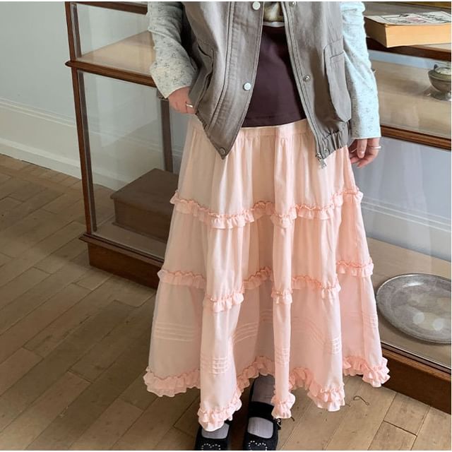 Black Tiered A-Line Maxi Skirt - Elegant Ruffled