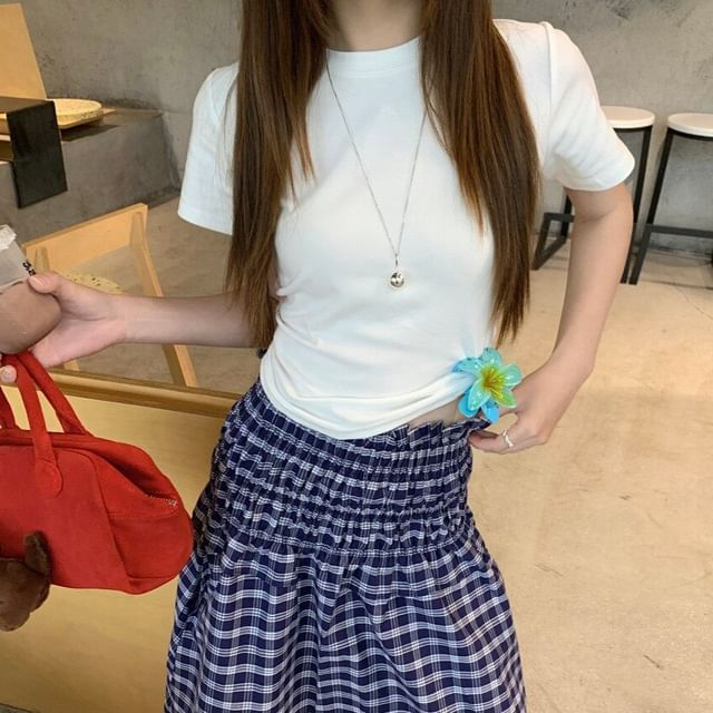 Black Cropped Tee and Plaid Midi Skirt Set - Altfashion Shop