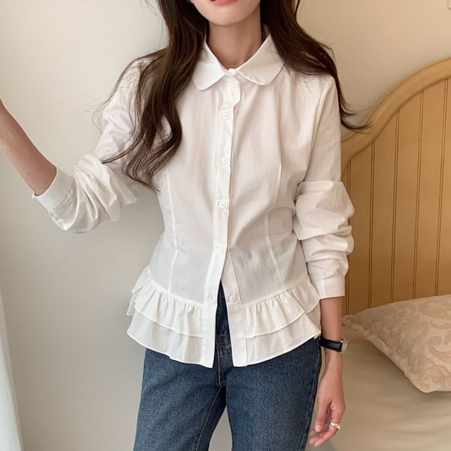 Collared Ruffle Long-Sleeve Shirt