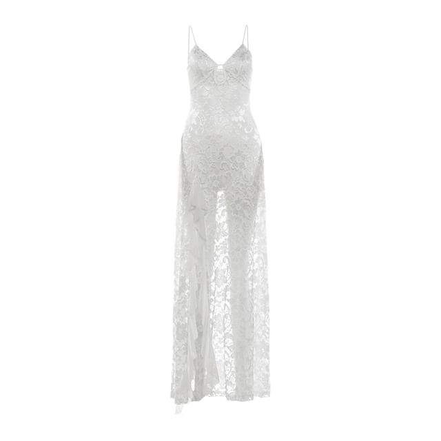 Spaghetti Strap Asymmetrical Keyhole Mini A-Line Lace Dress