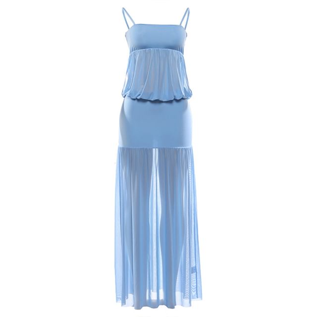 Spaghetti Strap Plain Shirred Maxi A-Line Mesh Dress