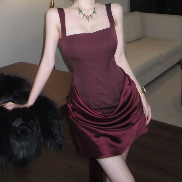 Wide Strap Satin Shirred Asymmetrical Bodycon Cocktail Dress