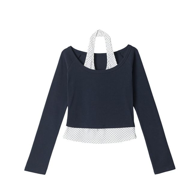 Micro Dot Crop T-Shirt with Halter Neck and Long Sleeves