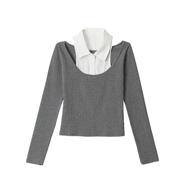 Two-Tone Crop Top with Collar, Cold Shoulder, and Slim Fit