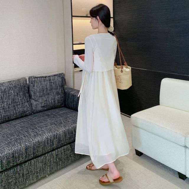 Maternity Plain Crop Cardigan / Spaghetti Strap Maxi A-Line Dress