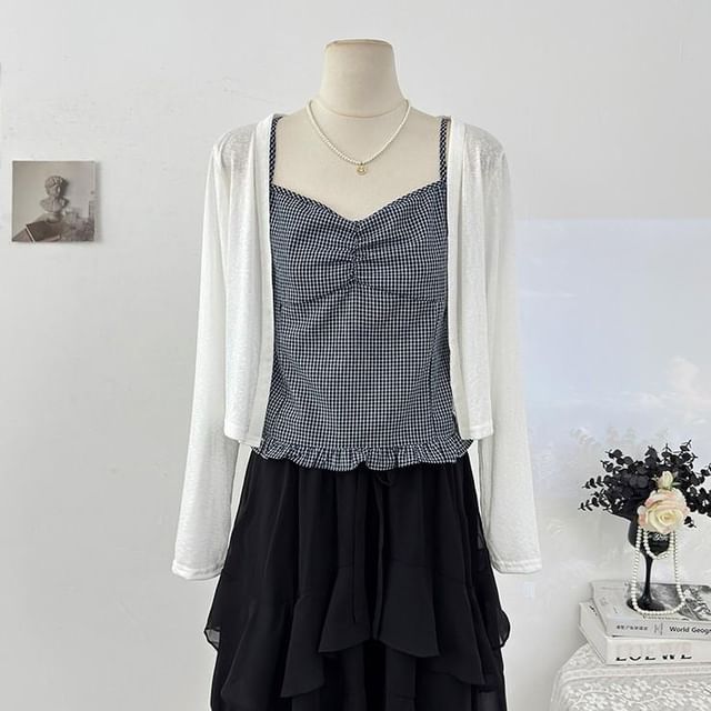 Cardigan & Plaid Ruffle Camisole Ensemble