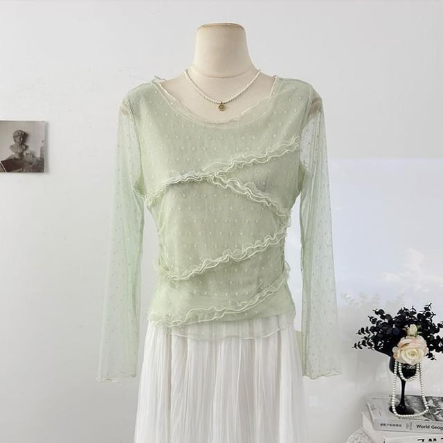Frill Mesh Top with Round Neck and Long Sleeves in Solid