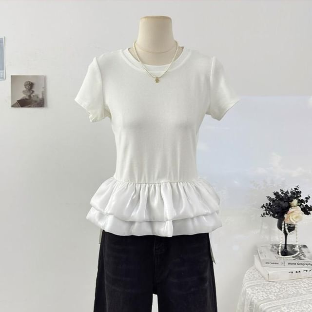 Ruffle Panel Mesh T-Shirt with Short Sleeves and Round Neck