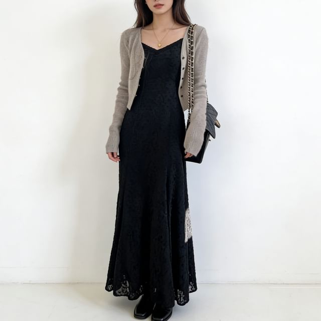 Spaghetti Strap V-Neck Lace Maxi A-Line Dress